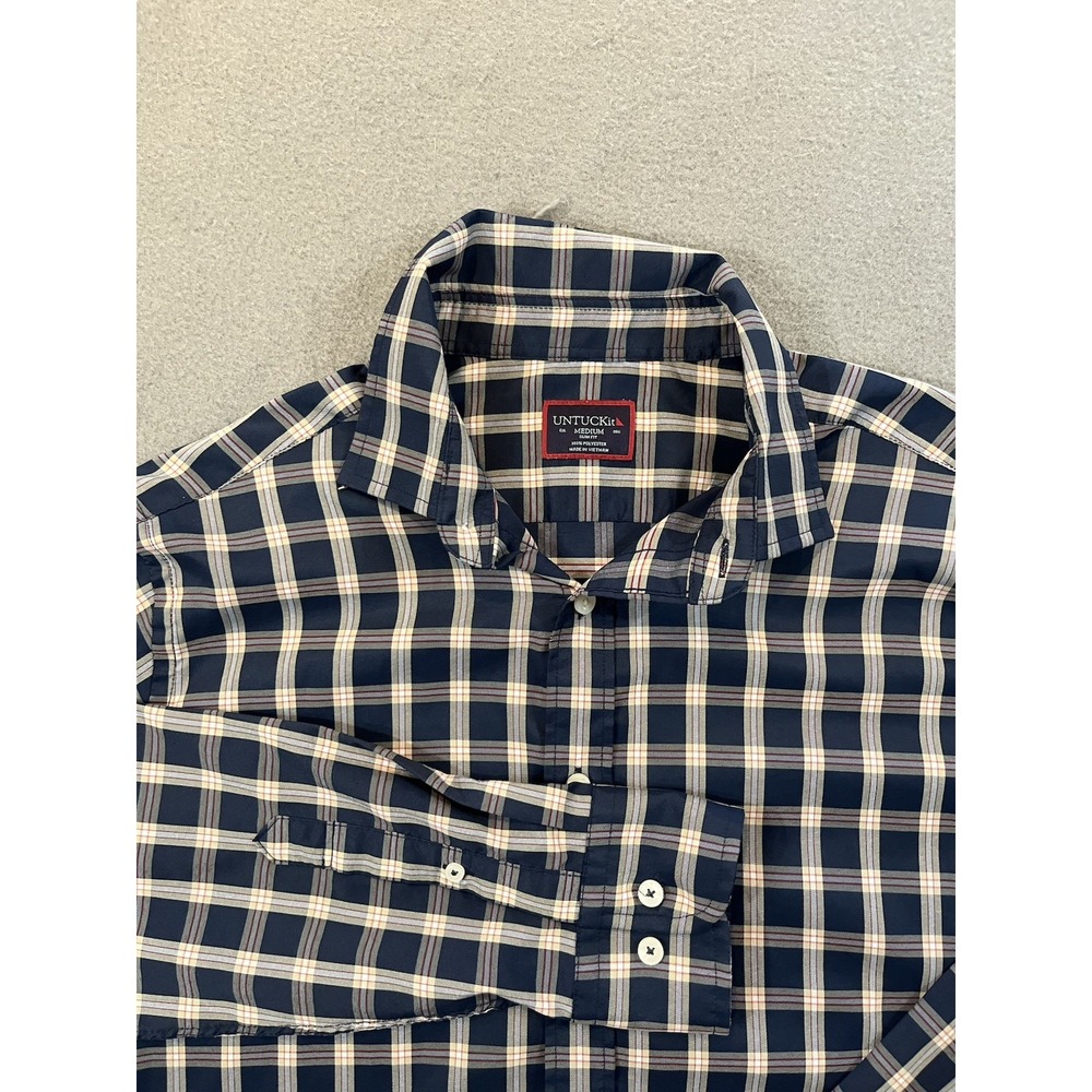 UNTUCKit Mens M Long Sleeve Button Up Shirt Navy White Plaid Check